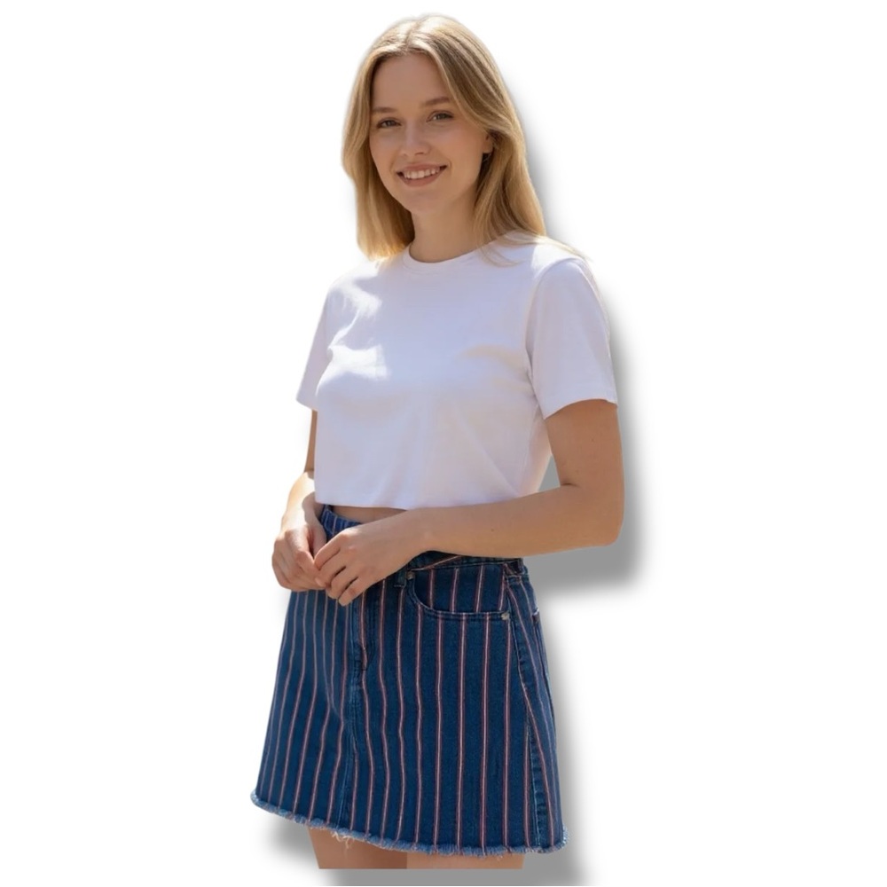 American Eagle Denim Fringe Hem Mini Pinstriped High Rise Preppy Edgy Skirt Sz 8
